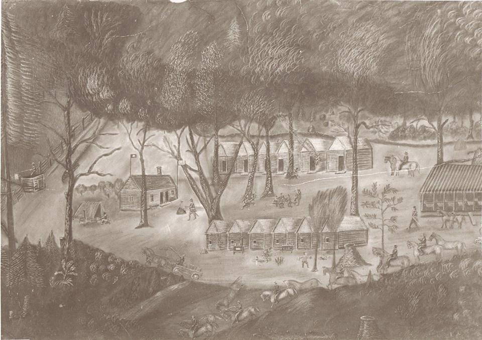 Charcoal drawing of signal corps detachment on Maryland Heights