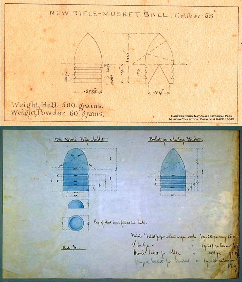 Two drawings, one of the .58cal. Minie Ball, final 1855 design and one of the original French Minie Ball and “a la tige” conical bullet
