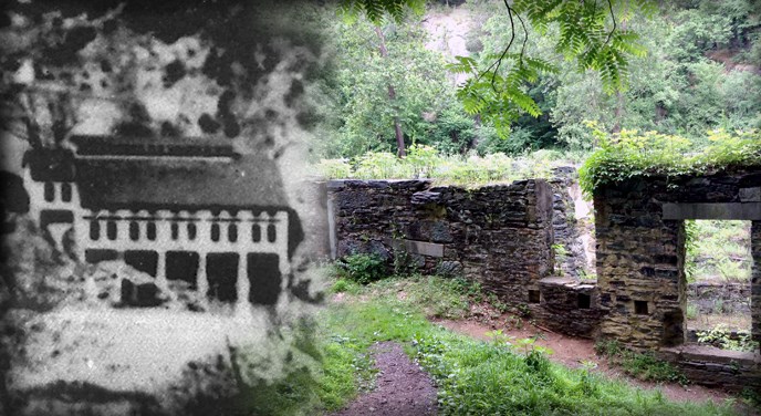 On left, black and white photo of Shenandoah Pulp Mill. On right, colorful photo with green shrubs growing in between the stone ruins of Shenandoah Pulp Mill with the top three floors missing and the foundation and first floor walls still remaining.