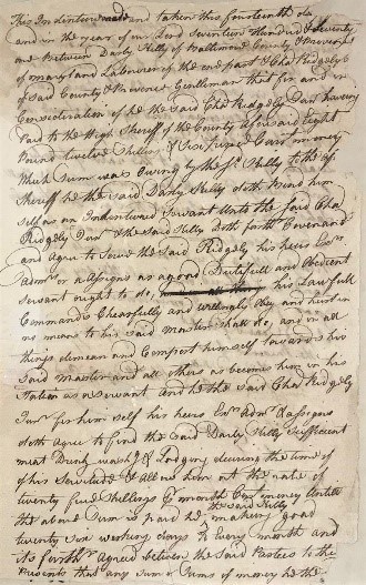 The front page of a an indentured laborer's contract with the Ridgelys.