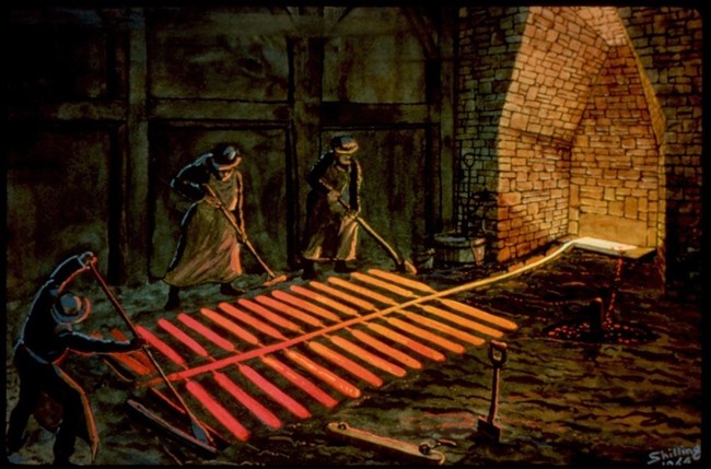 A painting depicting working conditions inside the Northampton ironworks.