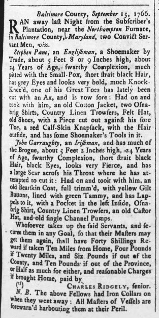 A newspaper ad describing an escaped indentured servant.