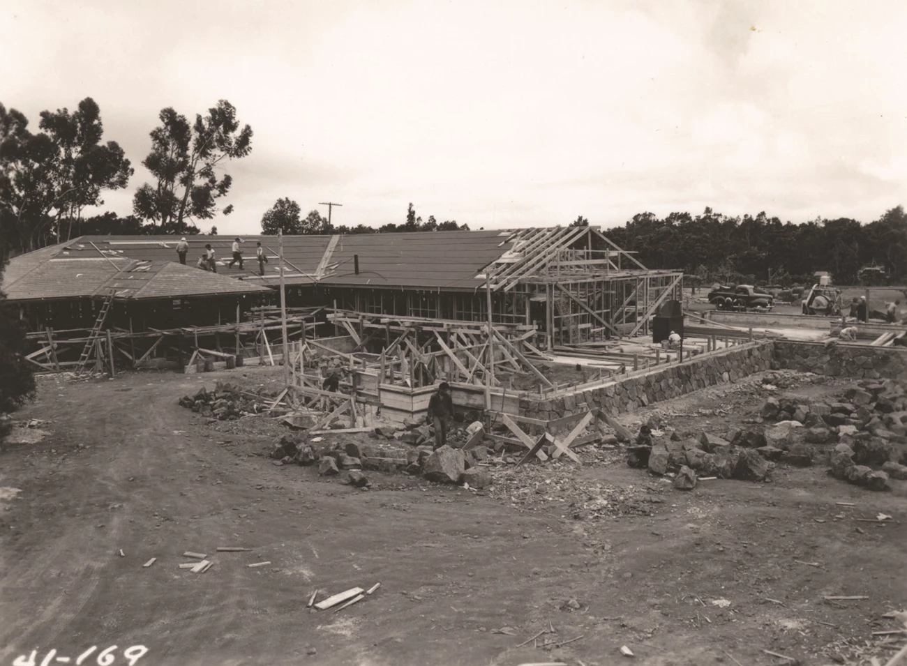 Kilauea Visitor Center Under Construction Black and white photo of a building under construction