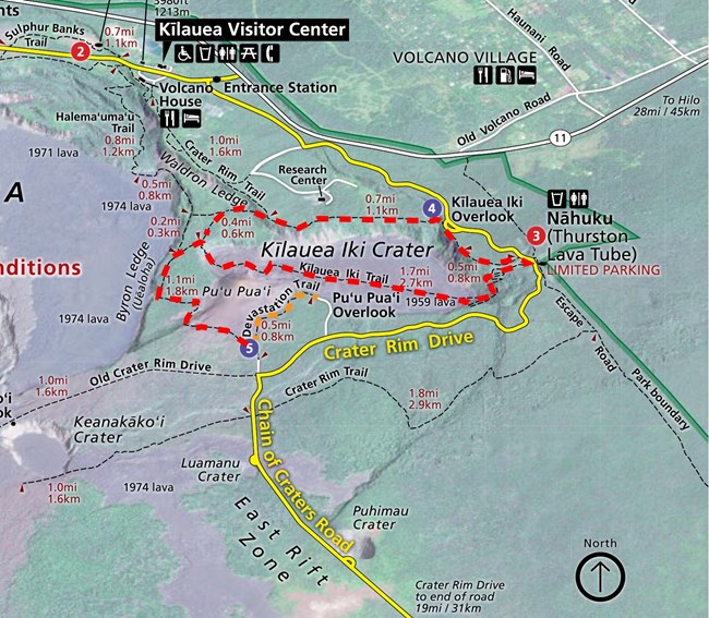 Map of Kīlauea Iki Trail denoted by a dotted line.