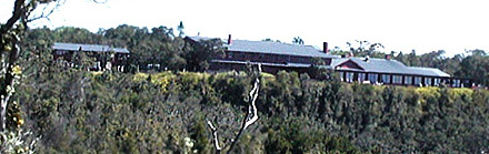 View of Volcano House hotel on the rim of Kilauea Caldera.