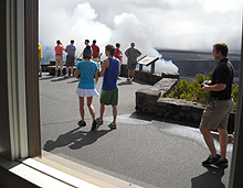 Look into the main crater from the overlook outside the Jaggar Museum