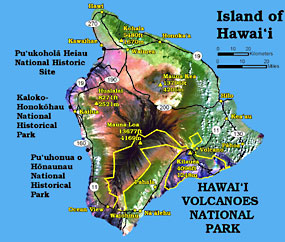 Island of Hawai`i map showing the location of Hawai`i Volcanoes National Park and the 3 other national parks on the Big Island.