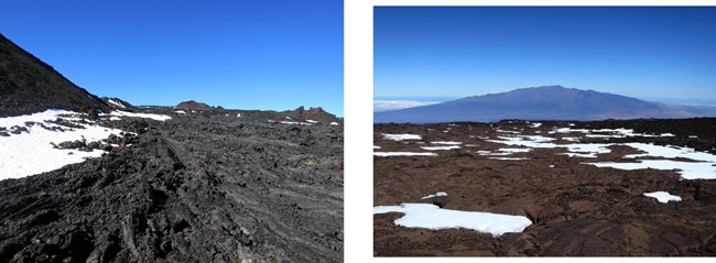 Shot of lava flows and Mauna Kea in the distance
