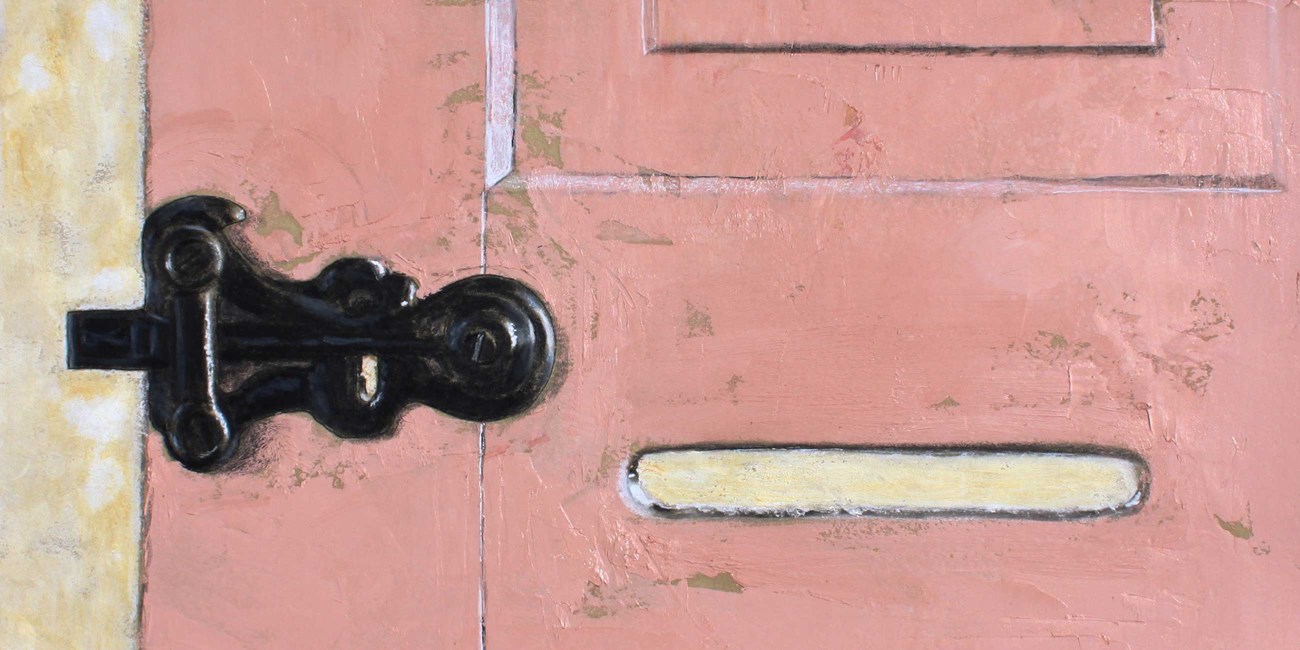 The latch and slot on an old folding wooden door rendered in colored pencil and oil paint.