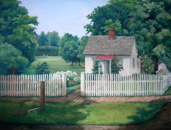 Pastel of a white frame house, white picket fence, and green trees.