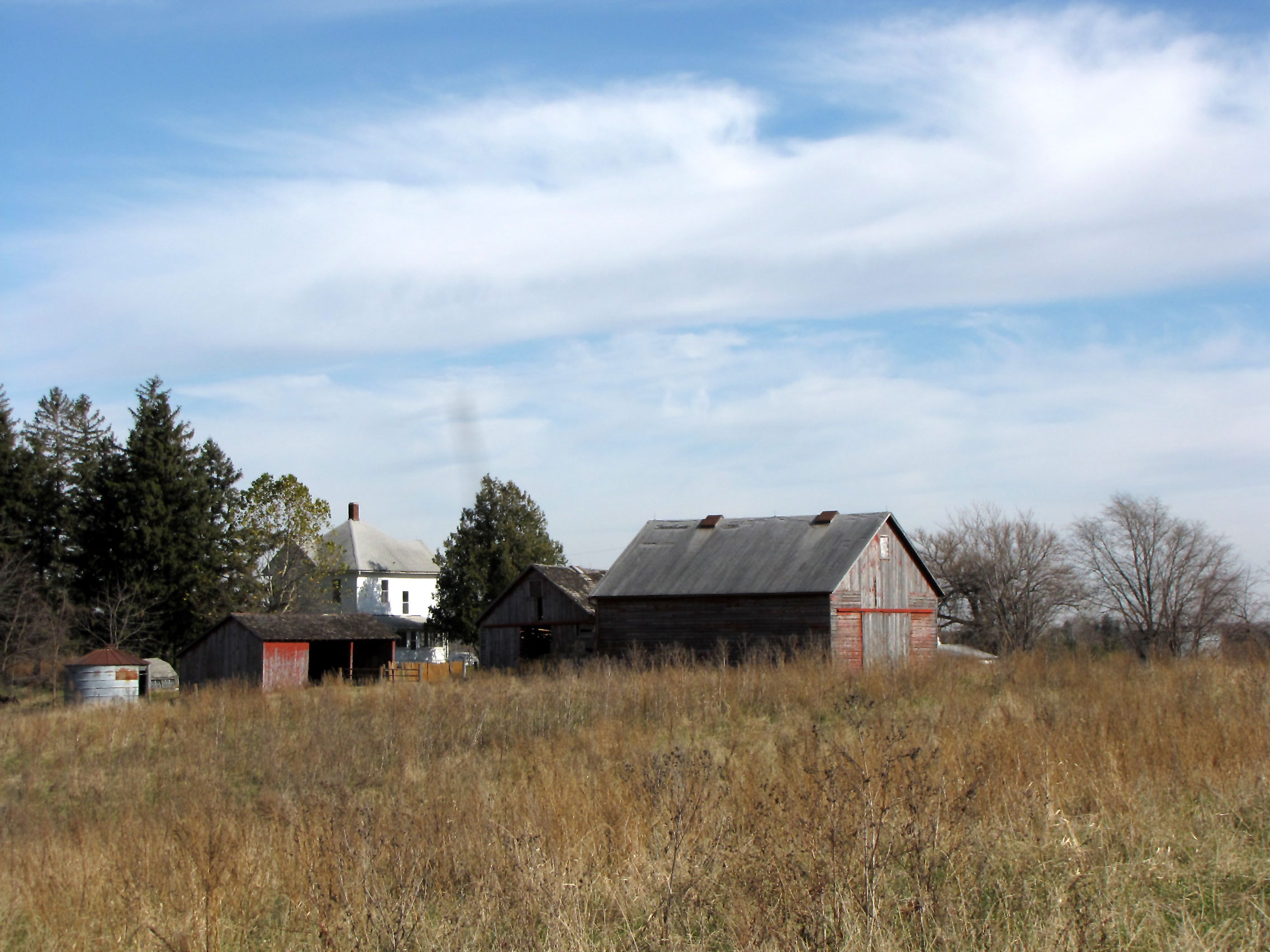 A farmstead of old buildings set in a grassland.