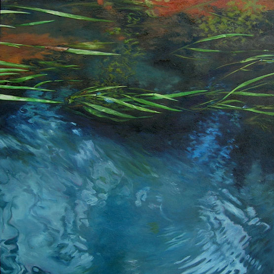 Oil painting of grasses in a flowing stream.