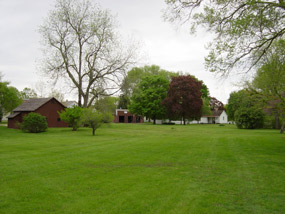 A view of the landscape looking northeast toward the Birthplace Cottage and Blacksmith Shop.