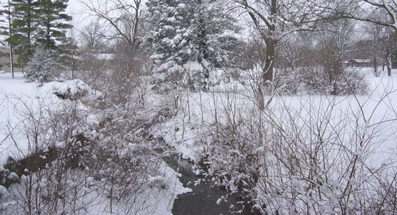 A creek meanders through a snow covered winter landscape.