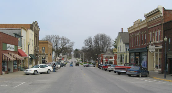 Commerical buildings on the historic main street of West Branch, Iowa.