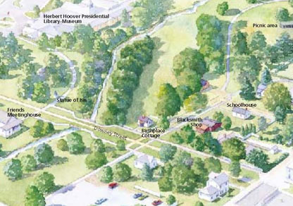 Color artwork map of the grounds of Herbert Hoover National Historic Site showing historic buildings and the presidential library.