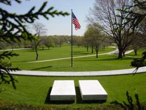 Two marble slabs mark the gravesites of Herbert and Lou Henry Hoover.