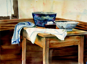 Watercolor painting of two washing bowls and a bar of white soap on a tray, plus two cloths on a wooden table near a window. Watercolor painting of two washing bowls and a bar of white soap on a tray, plus two cloths on a wooden table near a window.