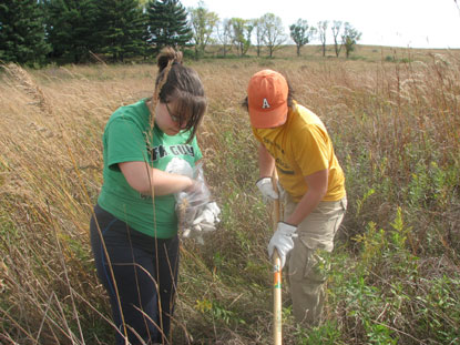 A man rakes dirt among tall brown grasses while a woman prepared to scatter plant seeds.