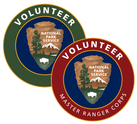 The NPS volunteer logos with arrowheads in the center of the circles
