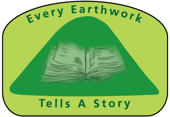 A green mound drawing with a faded book in the center with text Every Earthwork Tells a Story