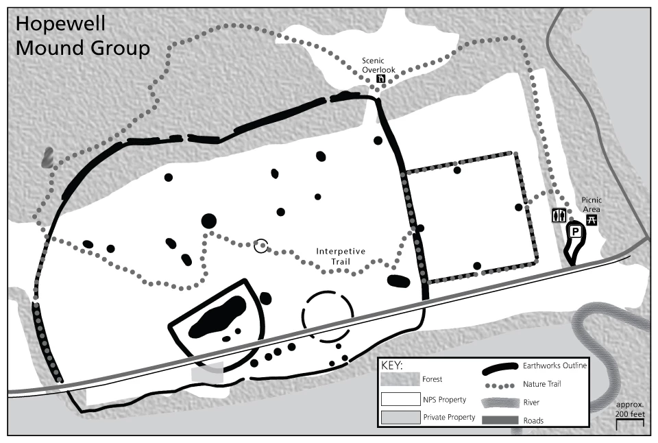 HMG-Site-Map A map showing the details of the grounds at Hopewell Mound Group