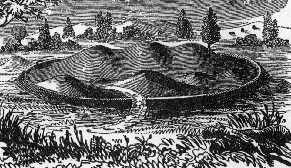 HMG etching A black and white artistic portrait of an ancient earthworks