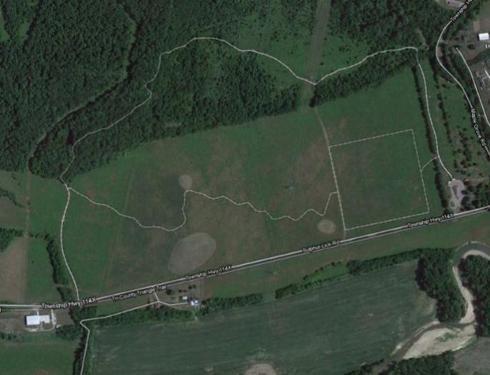 Aerial view of Hopewell Mound Group showing trails.