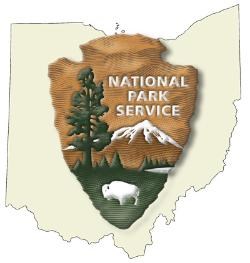The NPS arrowhead logo showing a bison, trees, mountains and lake in front of an outline of the state of Ohio.