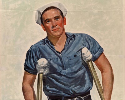 An illustration of a navy veterean using crutches.