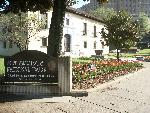Entrance sign with tulips
