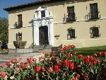 Park headquarters with tulips in front