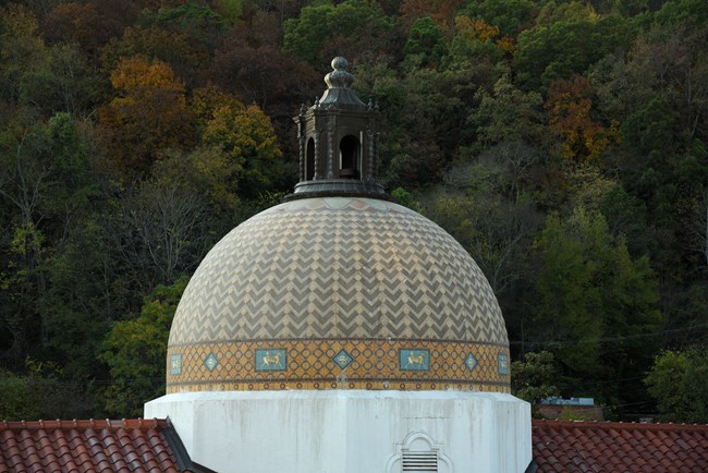 Close up of the architectural dome of a bathhouse with a forest setting in the background