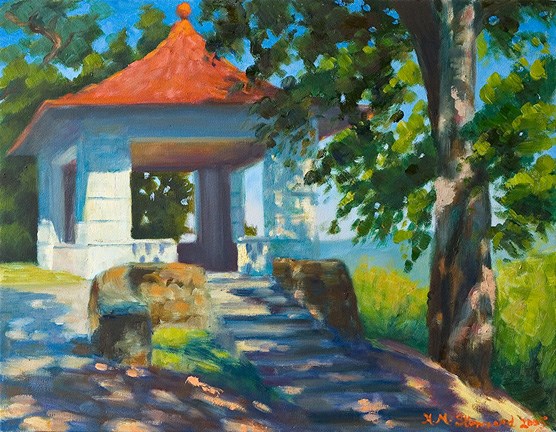 Acrylic painting of the Pagoda over look shelter. It is in the background, white structure with a red tile roofline reminiscent of an Asian temple, with concrete steps leading to it from the foreground and a pine tree on the right