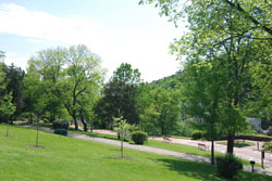 Sloping green hillside with small trees is transversed by asphalt path. Red brick promenade is below. Park benches are along the upper side of the Grand Promenade. One spring box is visible in the left third of the picture.
