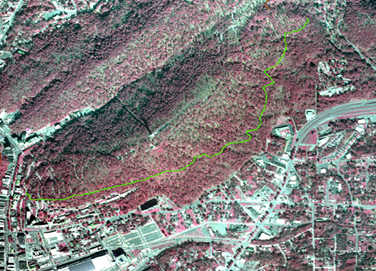 Red aerial map of the Dead Chief Trail in Hot Springs National Park