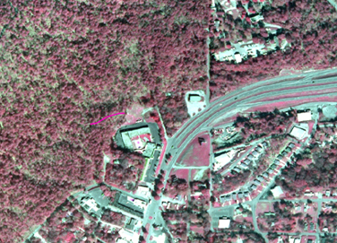 infrared aerial map with Grand Avenue trail drawn in pink