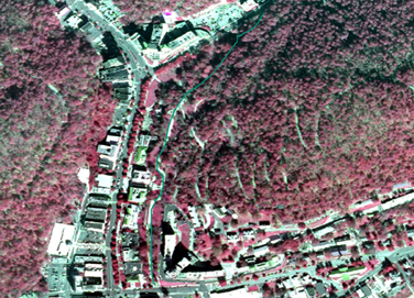 Portion of infrared aerial map with the Grand Promenade drawn in green