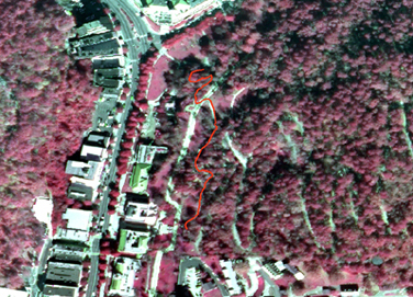 portion of infrared aerial map of park showing Tufa Terrace Trail in red