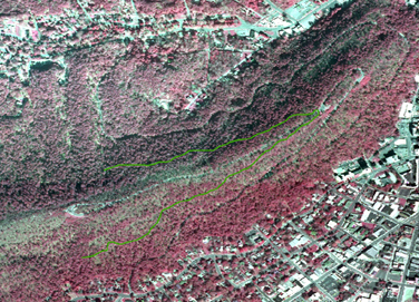 Red aerial map of Hot Springs National Park, with the West Mountain Trail highlighted in green