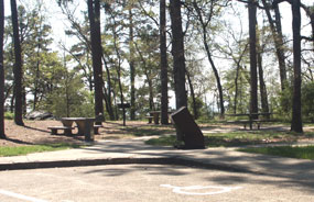 Shady picnic area with concrete tables and grills on Hot Springs Mountain with accessible parking space in the foreground.