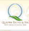 Quapaw logo- Large blue circle with a green leaf for the "tongue" on the Q, with the words Quapaw Baths and Spa, Hot Springs National Park underneath
