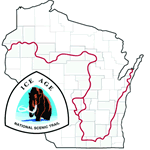 Map of Wisconsin showing route of Ice Age National Scenic Trail and official logo.