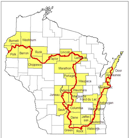 Map of Wisconsin showing the counties through which the Ice Age National Scenic Trail passes.