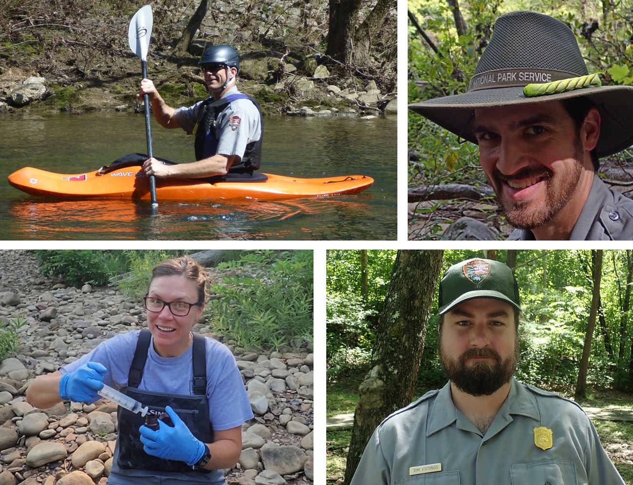 Man in kayak, two headshots and a woman getting a water sample