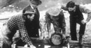historic photo of four men leaning over a sluicebox looking into it for gold
