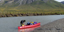 Park Ranger packing up a collapsible canoe while standing ankle deep in the Kugururok River.