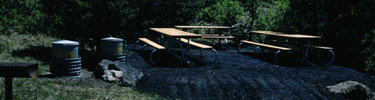 color photograph of picnic tables and grill