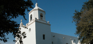 Mission Nuestra Senora del Espíritu Santo de Zuniga gleams in brilliant sunshine, Goliad, Texas