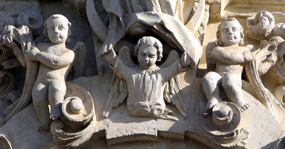 Cheribs on the carved facade of Mission San José's Church